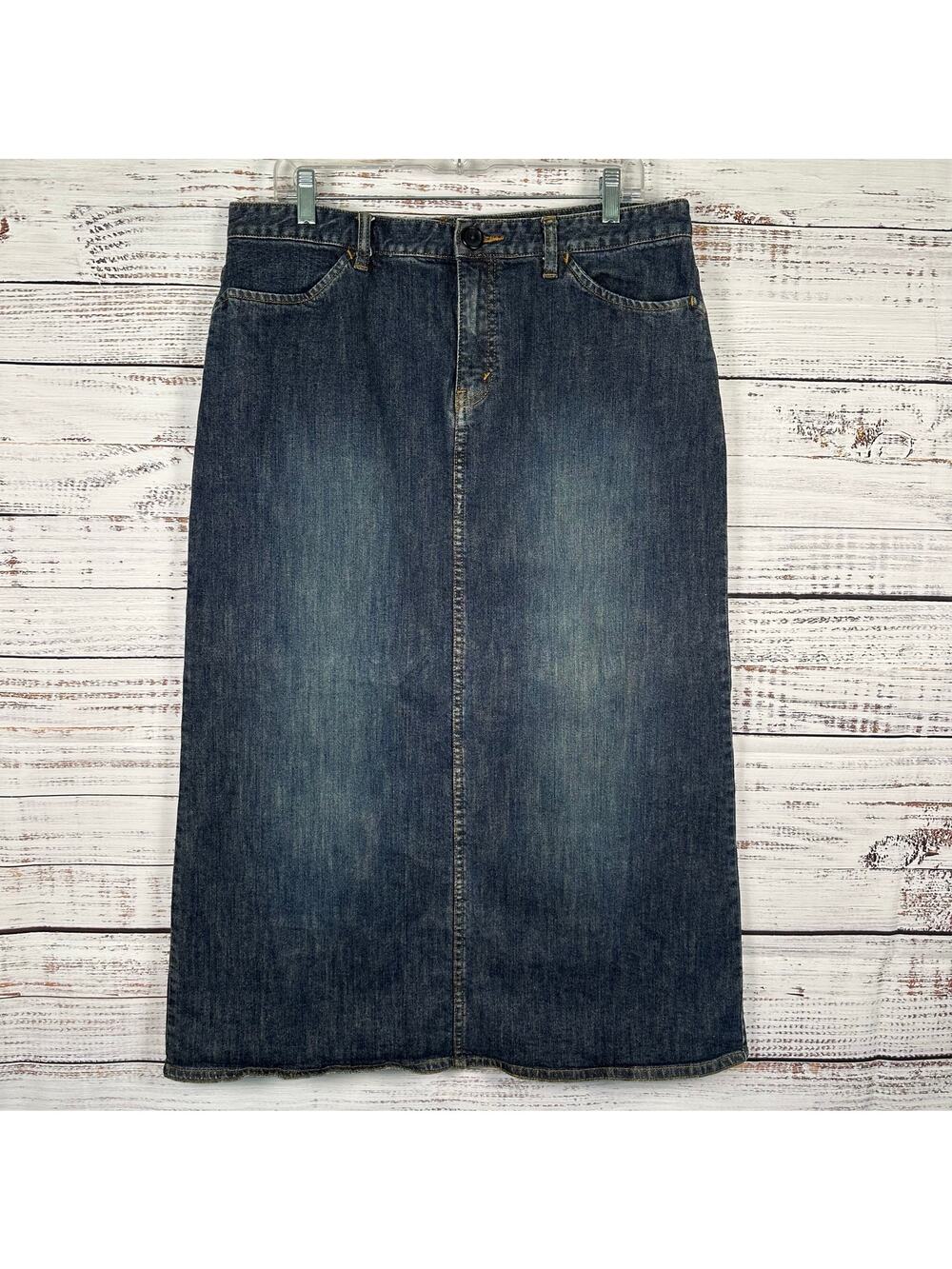 Womens Retro Eddie Bauer Denim Blue Jean Midi Skirt Distressed Modest Cottage 14